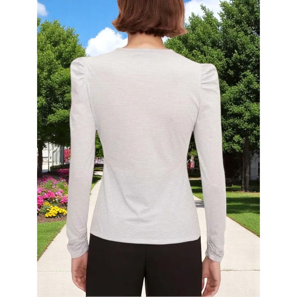 (60% OFF) NWT Rebecca Taylor Lont-Sleeve Ruched Striped Tee Shirt M MSRP $125 - Picture 4 of 8